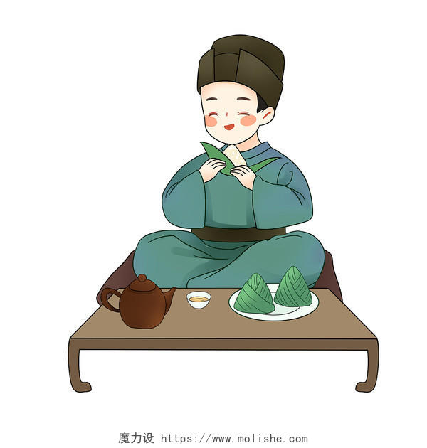 卡通手绘吃粽子的古代小官人人物素材端午节